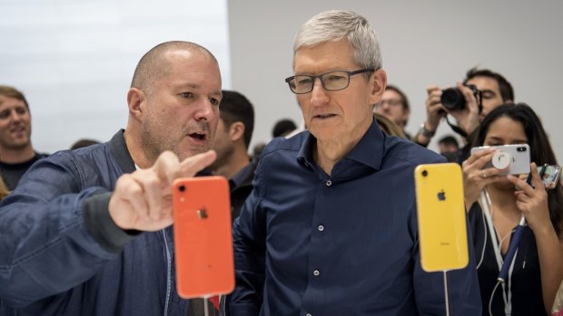Tim Cook, chief executive officer of Apple, right, and Jony Ive, chief design officer for Apple, at its product launch last in September. 