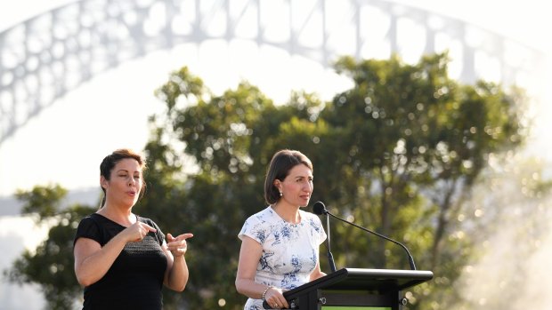 NSW Premier Gladys Berejiklian speaks during the Australia Day Wugulora Morning Ceremony on the Walumil Lawns at Barangaroo.