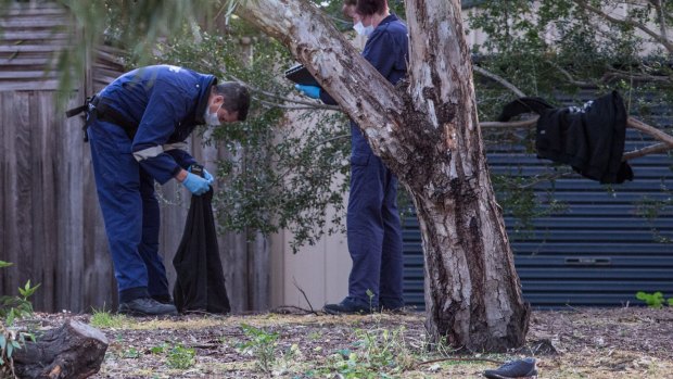 Forensic police search the park adjacent to where the red 1999 Nissan Patrol was found, in Berry Street, Coburg.