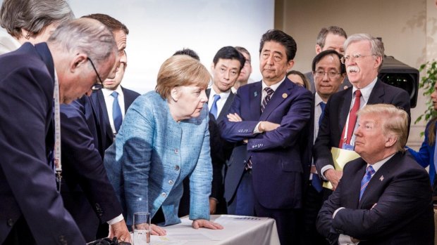 A photograph released by German Chancellor Angela Merkel\'s office captured the tense relations at the G7 summit.