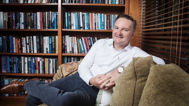 Shadow Treasurer Chris Bowen sits in his office in his Smithfield home in Sydney. 