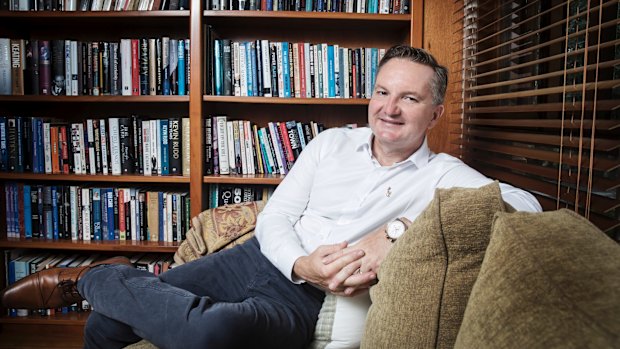 Shadow Treasurer Chris Bowen sits in his office in his Smithfield home in Sydney. 