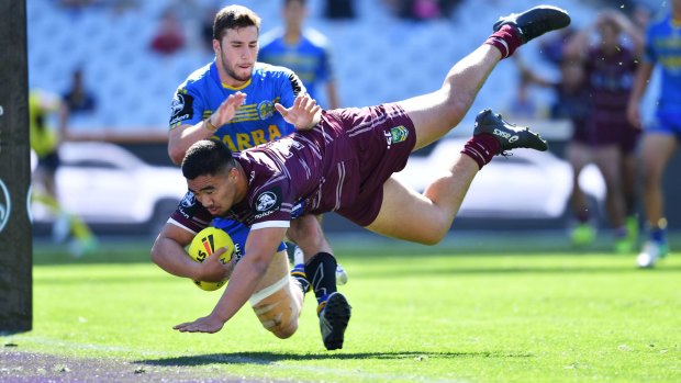 Keith Titmuss scores the match-winning try in the under-20s grand final in 2017. 