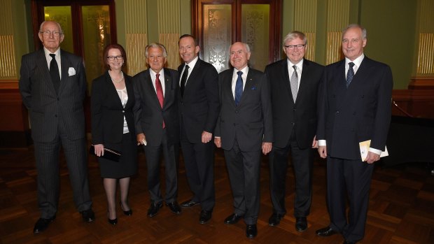 Former prime ministers Malcolm Fraser, Julia Gillard, Bob Hawke, Tony Abbott, John Howard, Kevin Rudd and Paul Keating at the memorial service for Gough Whitlam.