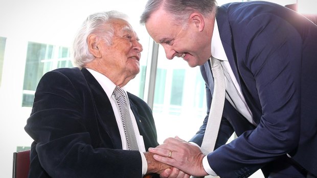 Former prime minister Bob Hawke with  Anthony Albanese at the launch of the book Albanese: Telling it Straight.