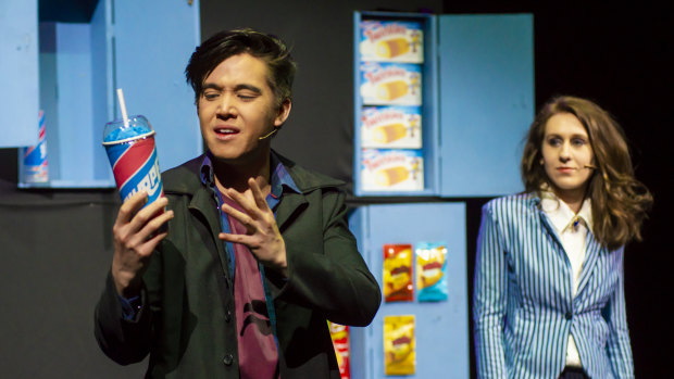 Will Huang ( J.D.), left,  and CAT Award winner Belle Nicol (Veronica Sawyer) in <i>Heathers the Musical</i>.