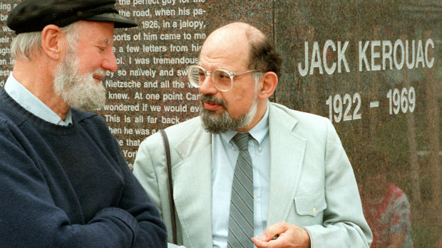 Lawrence Ferlinghetti, left, and Allen Ginsberg at the dedication of the Jack Kerouac Commemorative, in Massachusetts in 1988. 
