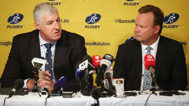 Former ARU chairman Cameron Clyne and chief executive Bill Pulver announcing in April 2017 that Australia would cut a Super Rugby team. 