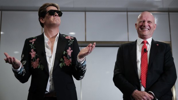Milo Yiannopoulos is hosted by Senator David Leyonhjelm during an event at Parliament House.