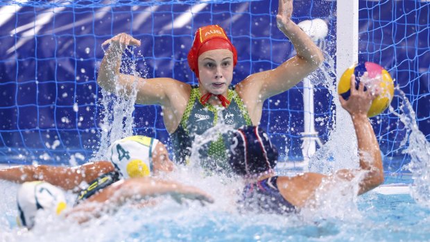 Stingers goalkeeper Gabriella Palm shapes to block a shot from the Russian Olympic Committee.