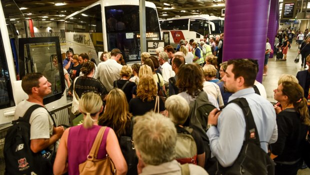 Queues at the Southern Cross station bus terminal for buses replacing V/Line services that were cancelled.