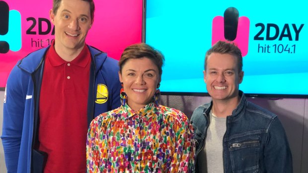 Em Rusciano, with 2DayFM co-hosts Ed Kavalee and Grant Denyer.