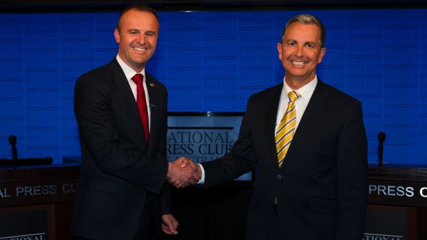 ACT Chief Minister Andrew Barr and then opposition leader Jeremy Hanson in the ACT leadership debate at the National Press Club.