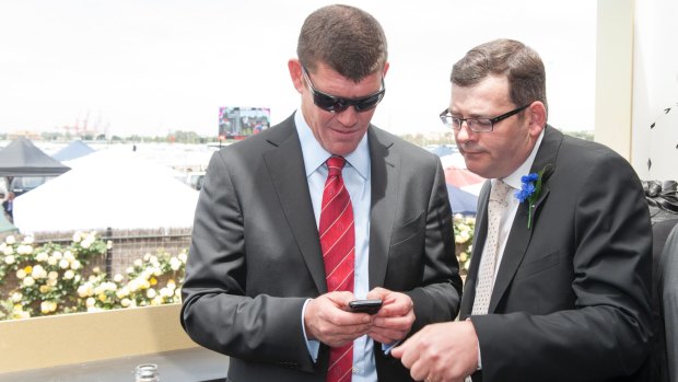 James Packer and Daniel Andrews in the Crown marquee on Derby Day in 2012.