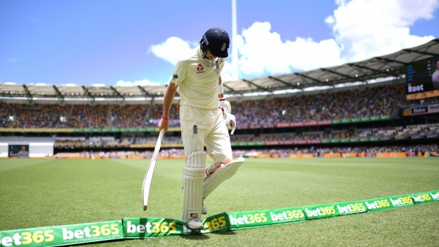 A dismissed England captain Joe Root leaving the Gabba field during the first Ashes Test in 2017.