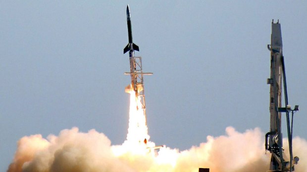 A hypersonic "scramjet" blasts off  from its launch pad at Woomera, South Australia.