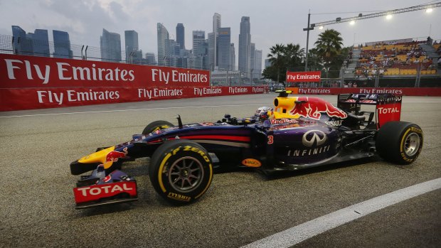 Red Bull Racing driver Daniel Ricciardo at the Singapore Formula One Grand Prix on the Marina Bay City Circuit in Singapore in 2014.