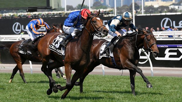 Kerrin McEvoy and Cross Counter win the 2018 Melbourne Cup ahead of Marmelo. 