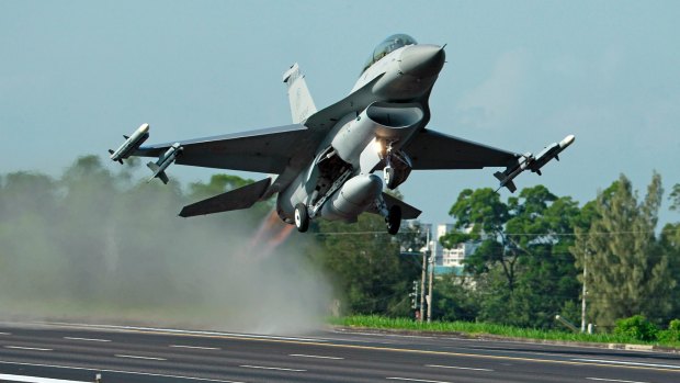 A Taiwanese F-16 fighter jet takes off.