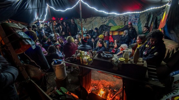 Protesters meeting to discuss what to do when police try to arrest them and remove them from the Djab Wurrung Embassy Camp.