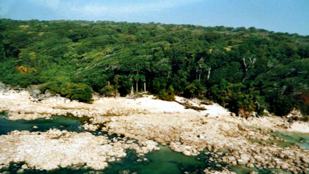 A view of the North Sentinel Island, from which the sea retreated after the 2004 tsunami, and exposed coral reefs (seen in the foreground).