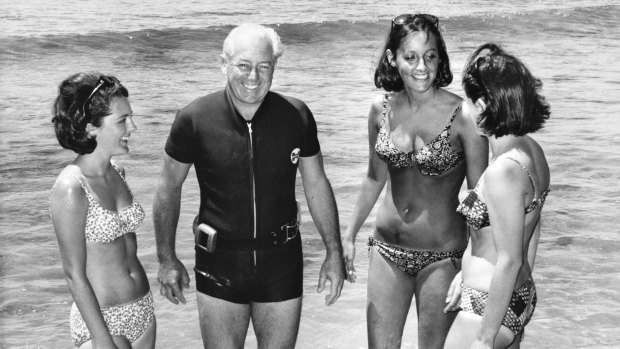 Former prime minister Harold Holt, pictured with his three step-daughters-in-law, went missing at Cheviot Beach.