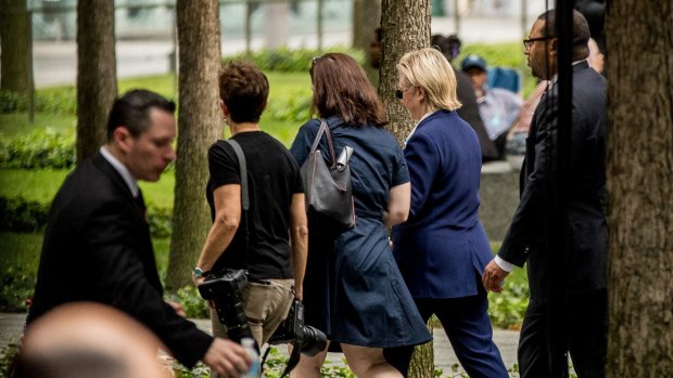 Hillary Clinton (right) leaves a 9/11 ceremony early in 2016, in an incident which was later used by her political opponents.