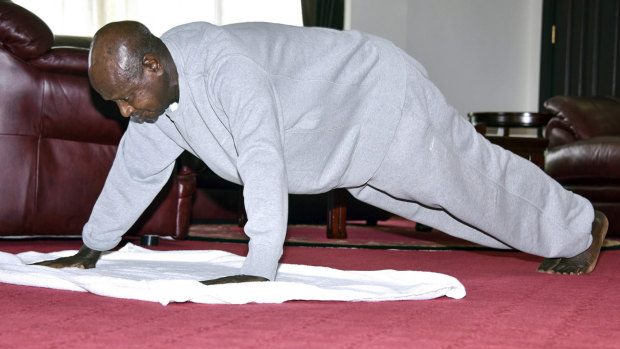 Uganda's President Yoweri Museveni, then 75, performs push-ups in a video released to the public via the president's social media accounts last year.