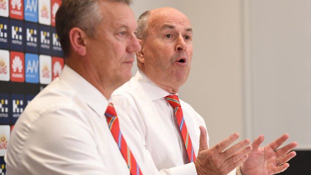 Chairman Tony Cochrane (right) and chief executive Mark Evans fronted the AFL Commission on Tuesday.