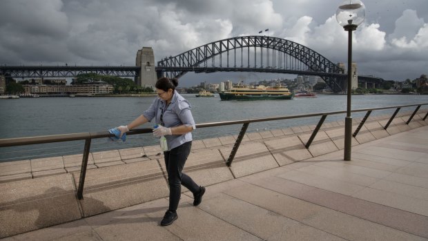 Railings being cleaned at the Sydney Opera House Forecourt. 