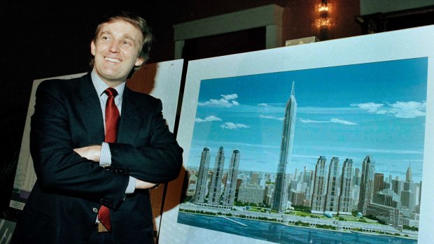 Donald Trump with a model of his ill-fated Television City project in 1985. 