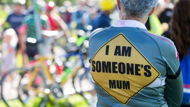 Participants are seen during the 'Ride for Arzu', a ride in memory of Melbourne mother Arzu who was killed while riding her bike on March 13, 2017.