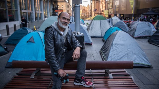 Homeless man Lanz Priestly in the Martin Place encampment. 