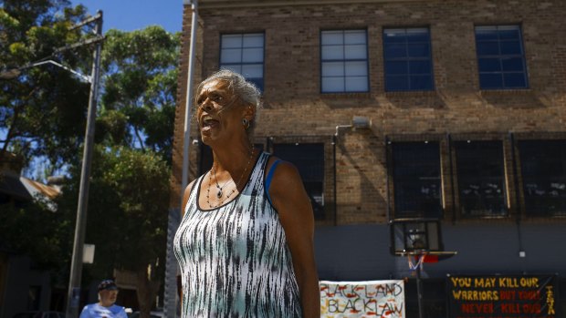 Jenny Munro at the tent embassy in Redfern. She fears plans for Aboriginal housing will never eventuate at The Block. 