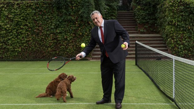 Australia's ambassador to Washington, Joe Hockey, on the tennis court at his residence in Washington.