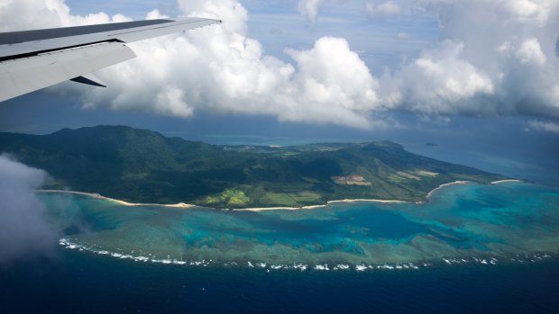 Ishigaki Island is seen from an airplane window in Okinawa Prefecture, Japan.