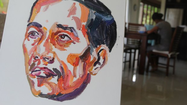 A close-up of the the 'Jokowi' painting by Myuran Sukumaran, in Indonesia.