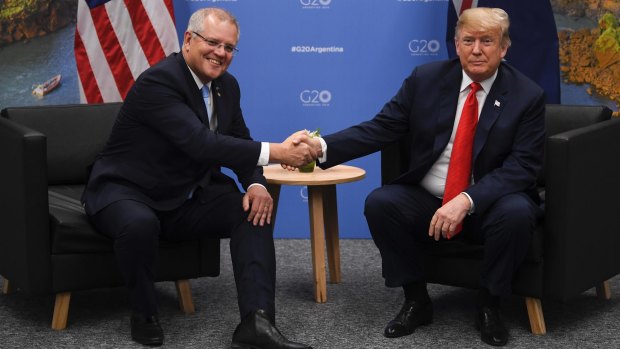 Scott Morrison (left) shakes hands during a meeting with President Donald Trump during the G20 summit in Buenos Aires in November 2018. 