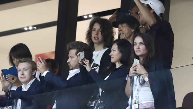 Jagger, in black baseball hat, during the semifinal match between Croatia and England.