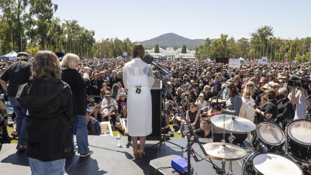 Brittany Higgins addresses the Women’s March4Justice at Parliament House in Canberra on March 15, 2021.