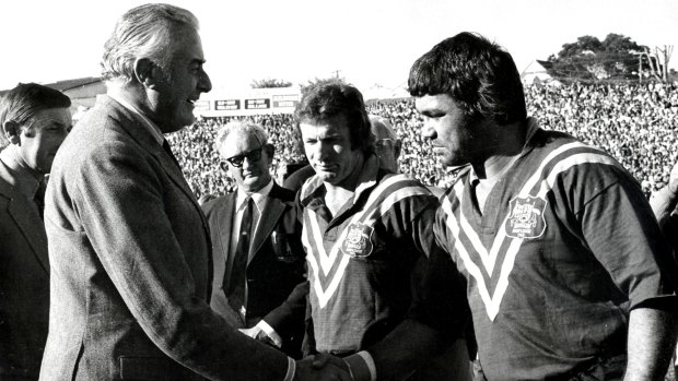 Pioneer: Arthur Beetson (right) meets Prime Minister Gough Whitlam prior to a Test for Australia in 1968.