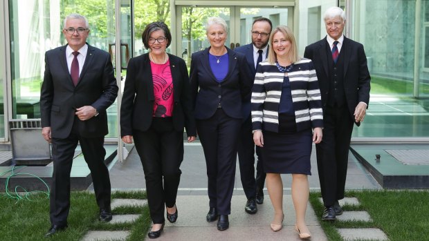 Kerryn Phelps joins crossbench MPs Andrew Wilkie, Cathy McGowan, Adam Bandt, Rebekha Sharkie and Bob Katter at Parliament on Thursday.