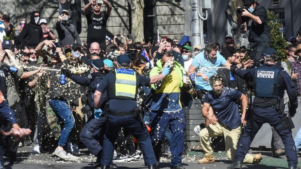 Anti-lockdown protesters in Melbourne on Saturday.