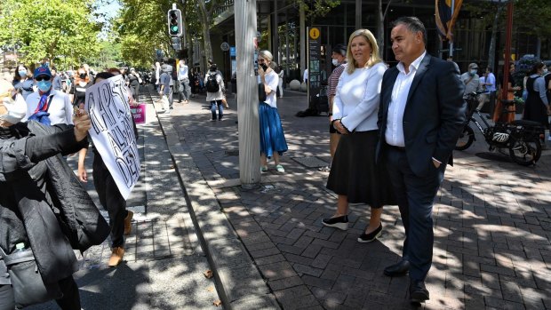 Bronnie Taylor and John Barilaro attend the Women’s March 4 Justice protest in Sydney on March 15.