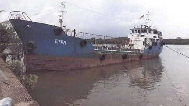 The rusty tanker, pictured near Kota Tinggi in Johor state, that  Malaysian police intercepted.