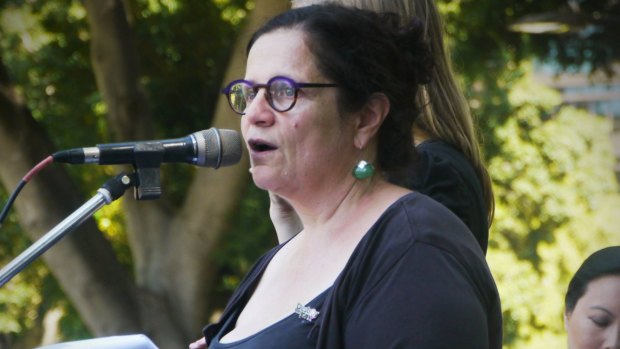 Jenna Price speaking at the International Women's Day march in 2016.