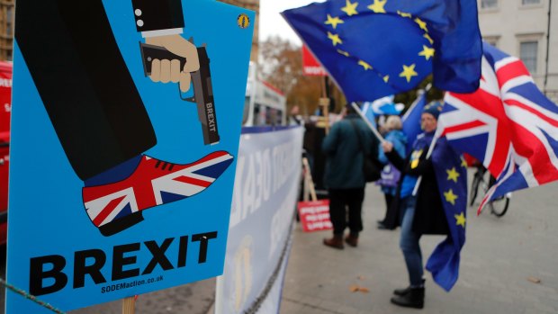 Protesters demonstrate against Brexit outside the British Parliament.
