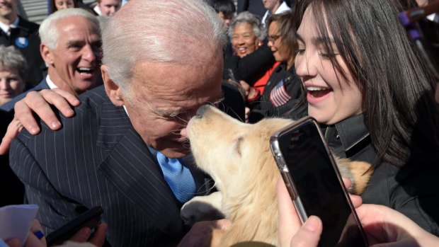 Former vice-president Joe Biden gets a kiss from a dog on the campaign trail.