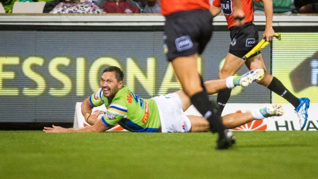 'Leipana' moment: Jordan Rapana scores out wide for the Raiders.