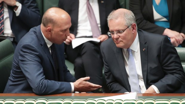 Home Affairs Minister Peter Dutton and Prime Minister Scott Morrison during question time in October.